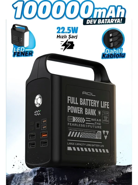 PW-155 100.000mAh Taşınabilir Enerji İstasyonu Powerbank 22.5W Hızlı Şarj Dahili Lightning Type-C Kablolu 4 USB Dijital Ekranlı LED Kamp Feneri ürün görseli 1