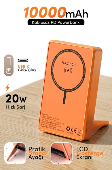 Fulltech FP50 10.000 mAh Hızlı Şarj MagSafe Powerbank Turuncu ürün görseli 1