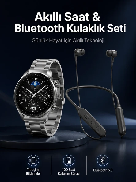 Alarm Ve Titreşim Özellikli Akıllı Saat Ve Mikrofonlu Kablolu Bluetooth Kulaklık 60 Saat ürün görseli 1
