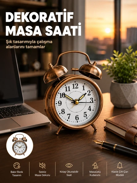 Retro Tarz Bronz Dekoratif Masa Saati Metal Gövde Yüksek Sesli Alarm ürün görseli 1