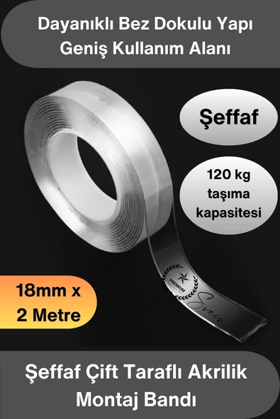 #ÇiftTaraflıBant Şeffaf Çift Taraflı Akrilik Montaj Bandı 18mm x 2 Metre Güçlü Yapışkan İz Bırakmayan Silikonize Nano Sa ürün görseli 1