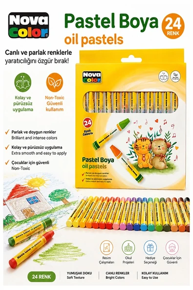 Pastel Boya 24 Renk 1 Paket Nova Color Pastel Boya 24 lü Karton Kutulu Parlak Canlı ve Örtücü Renkler ürün görseli 1