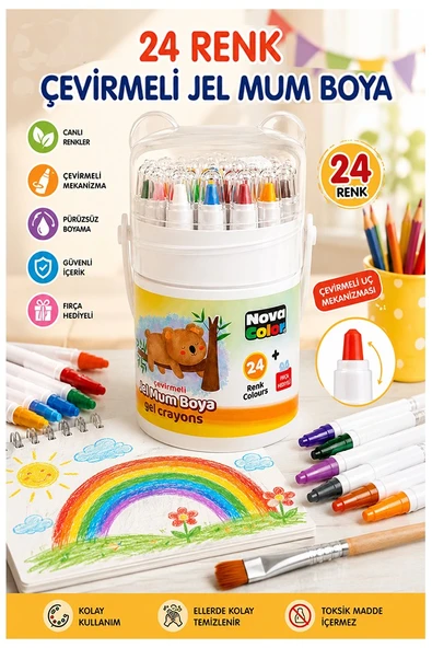 Çevirmeli Jel Mum Boya 24 Renk 1 Adet Nova Color Plastik Kutulu 24 lü Mum Boya Kalemi Silinebilir Zararsız Yıkanabilir ürün görseli 1