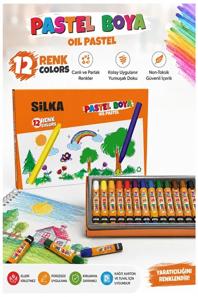 Pastel Boya 12 Renk 1 Paket Silka Pastel Boya 12 li Karton Kutulu Parlak Canlı ve Örtücü Renkler Yerli Üretim ürün görseli 1