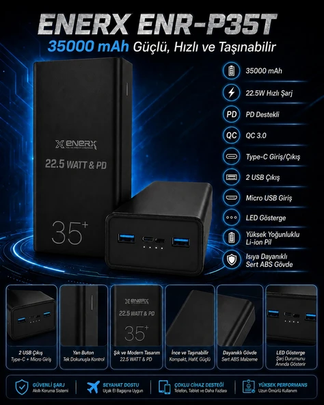 Enerx ENR-P35T 35.000 Mah 22.5 WATT LED Göstergeli Powerbank Siyah ürün görseli 1
