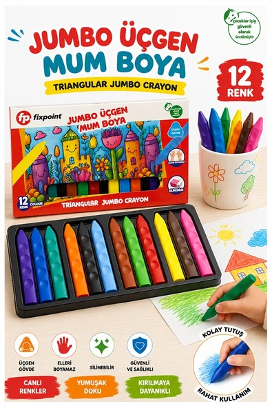 Jumbo Üçgen Mum Boya 12 Li 1 Paket Fixpoint 12 Renk Üçgen Mumboya Elleri Kirletmeyen Yıkanabilir Silinebilir Karton Kutu ürün görseli 1