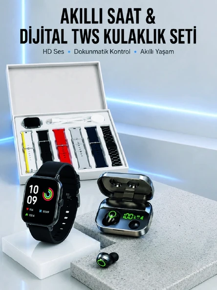 7 Kordonlu Akıllı Saat Ve Aynalı Bluetooth Kulaklık Powerbank Dijital Göstergeli ürün görseli 1