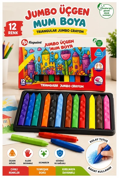 Jumbo Üçgen Mum Boya 12 Li 1 Paket Fixpoint 12 Renk Üçgen Mumboya Elleri Kirletmeyen Yıkanabilir Silinebilir Karton Kutu ürün görseli 1