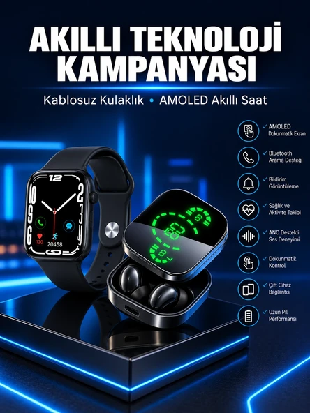 Yeni Nesil Akıllı Saat Ve Ucuz Kaliteli Bluetooth Kablosuz Kulaklık Amoled Ekran ürün görseli 1