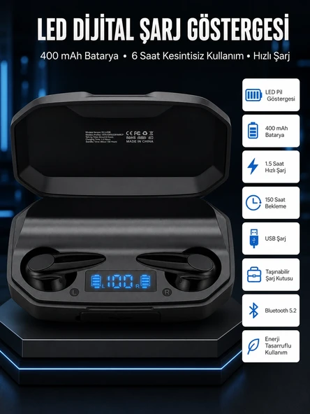 Rgb Işıklı Çift Mikrofonlu Siyah Profesyonel  Kulaklığı Kablosuz Kulakiçi ürün görseli 1