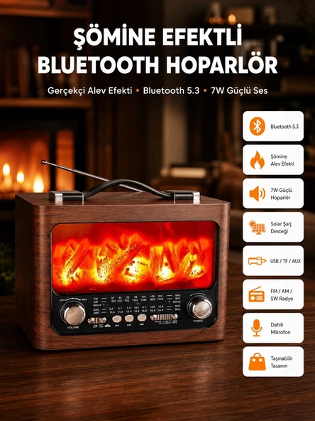 Solar Şarjlı Şömine Işıklı Bluetooth Hoparlör - Radyo, USB, TF Kart Destekli ürün görseli 1