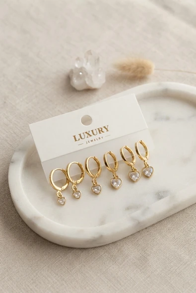 Kalp Zirkon Taşlı Gold Renk Pirinç Set Küpe ürün görseli 1