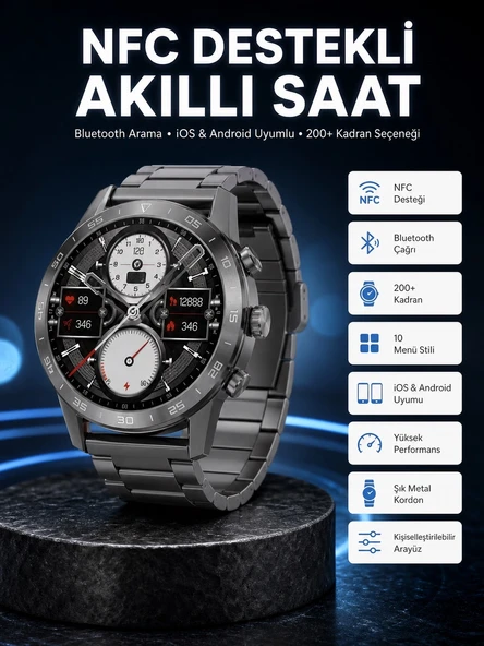 Akıllı Saat Çelik Kordon Çağrı Cevaplama Amoled Ekran Titreşimli Uyku ve Sağlık Takibi ürün görseli 1