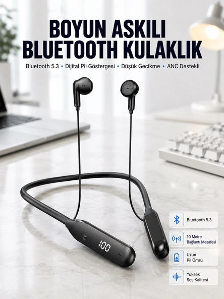 60 Saat Kablolu Boyun Askılı Dijital Göstergeli Bluetooth Kulaklığı Yeni Nesil ürün görseli 1