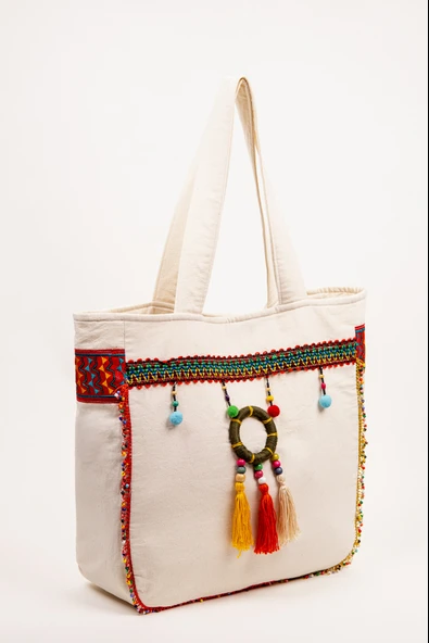 Omuz Çanta Bohem Detaylı Krem 45x40 cm Astarlı Günlük Çanta ürün görseli 1