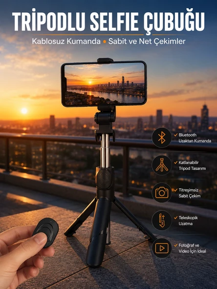 Selfie Çubuğu Tripod Kumandalı Telefon Tutucu Siyah ürün görseli 1