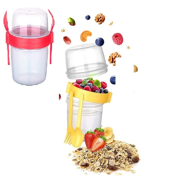 Çift Hazneli - Çatal Kaşıklı Portatif Müsli -Atıştırmalık Kabı 650 Ml ürün görseli 1