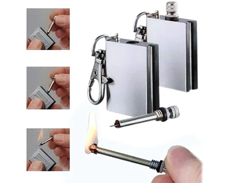 Benzinli Kibrit Çakmak Magnezyum Çubuklu Anahtarlıklı Benzinli Metal Kibrit Gümüş ürün görseli 1