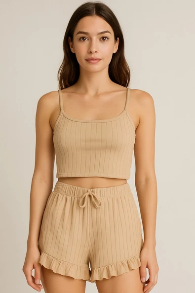 Crop Takım - Askılı Crop Takım Likralı Bej (L) ürün görseli 1