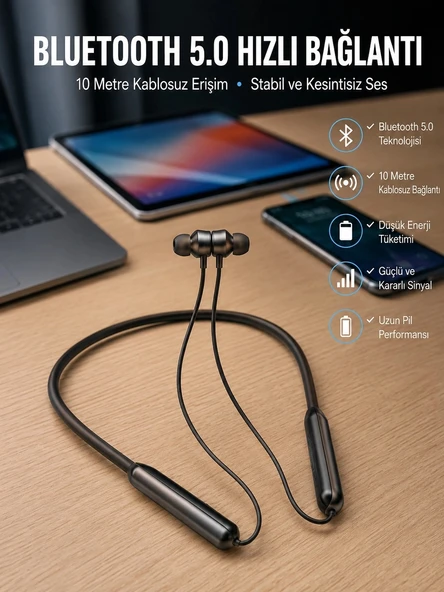 Dijital Göstergeli Kulak İçi Kablosuz Bluetooth Kulaklık Boyun Bantlı Yeni Nesil ürün görseli 1