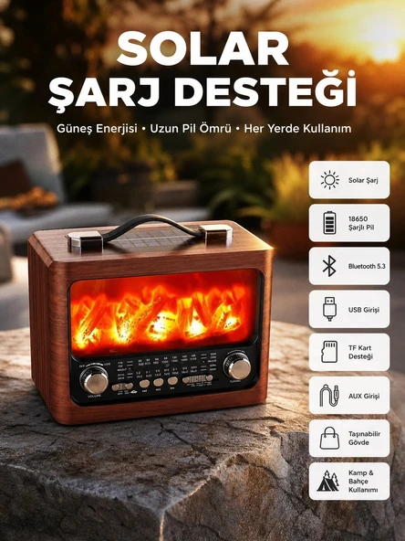 Taşınabilir Şömine Görünümlü Bluetooth Hoparlör – Solar Şarjlı, Alev Işıklı, 7w Ses ürün görseli 1