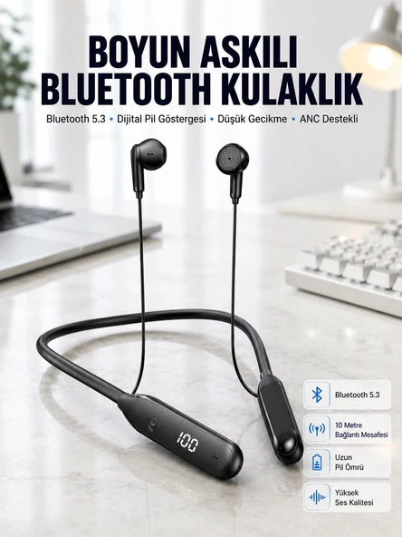 60 Saat Kablolu Boyun Askılı Dijital Göstergeli Bluetooth Kulaklığı Yeni Nesil ürün görseli 1