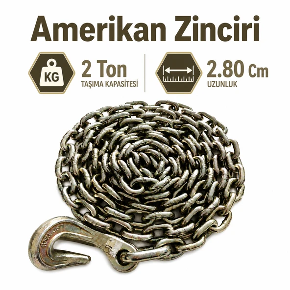 Amerikan Zinciri 2 Ton Eğri Kancalı Yük Taşıma Sabitleme ve Çekme Zinciri 2,80 Metre Dayanıklı Çelik ürün görseli 1