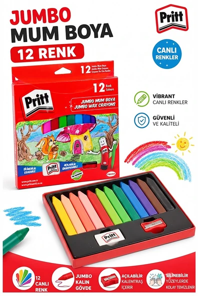 Jumbo Üçgen Mum Boya 12 Li 1 Paket Pritt 12 Renk Üçgen Mumboya Elleri Kirletmeyen Yıkanabilir Silinebilir Karton Kutu ürün görseli 1
