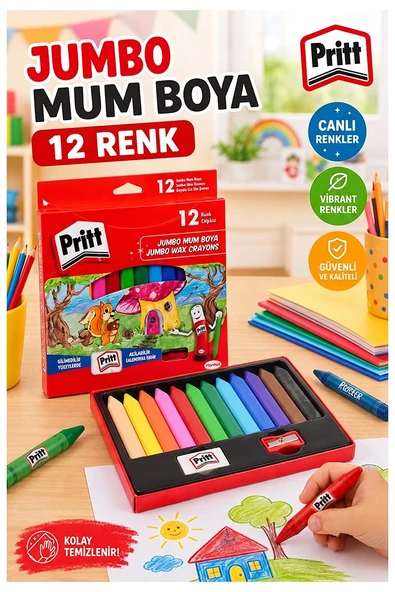 Jumbo Üçgen Mum Boya 12 Li 1 Paket Pritt 12 Renk Üçgen Mumboya Elleri Kirletmeyen Yıkanabilir Silinebilir Karton Kutu ürün görseli 1