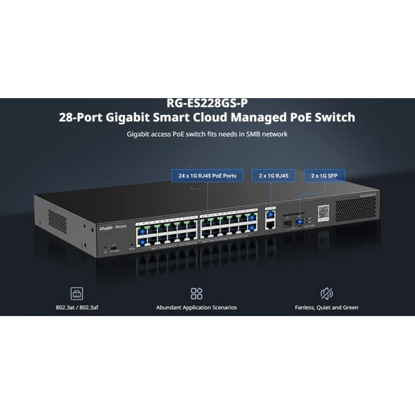Ruijie Reyee Rg-Es228Gs-P 28Port ,24 Port Poe 370W, 2Port Gi̇gabit Uplink, 2 Port Sfp, Colud Yönetilebilir Switch Metal Kasa ürün görseli 1