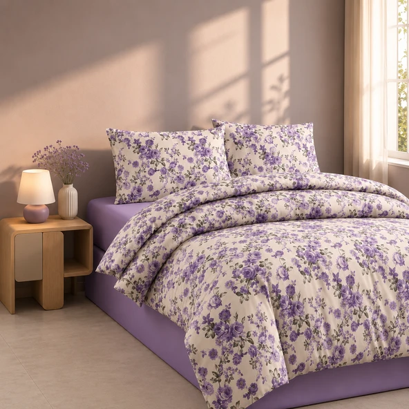 Çift Kişilik Çiçekli Nevresim Takımı - Pamuklu - Elite - Lüks - Lila - 4 Parça - 70% Pamuk 30% Polyester - 200 cm x 220 cm ürün görseli 1