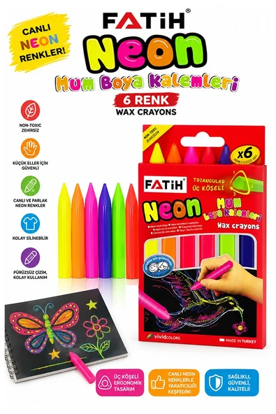 Neon Üçgen Mum Boya 6 Lı 1 Paket Fatih 6 Renk Üçgen Mumboya Elleri Kirletmeyen Yıkanabilir Silinebilir Karton Kutu ürün görseli 1