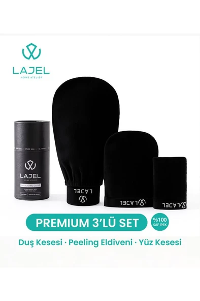 Lajel Premium Siyah 3'lü Kese Seti, Peeling Eldiveni, Yüz Kesesi Floş Ipek Normal,orta,hassas Ciltle ürün görseli 1