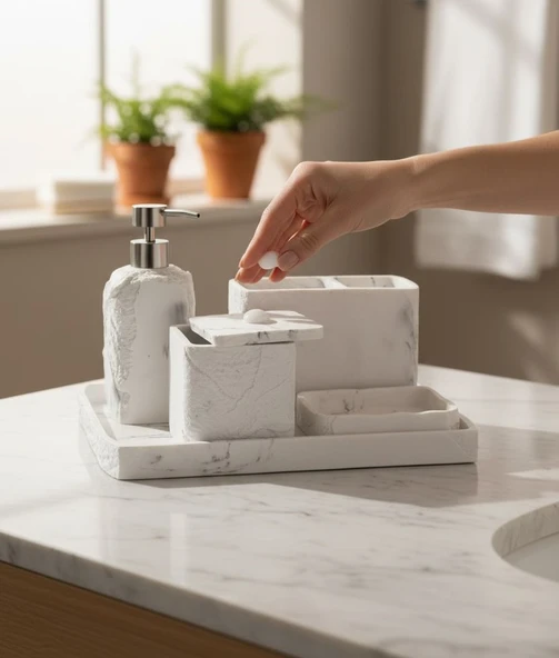 5 Parça Lüx Laduree Stonea Beyaz Silver Tepsili Banyo Seti ürün görseli 1