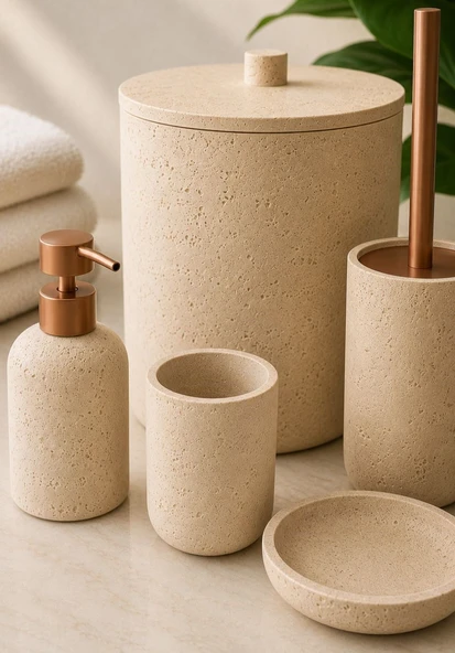 5 Parça Lüx Laduree Maris Bej Banyo Seti - Resim 2