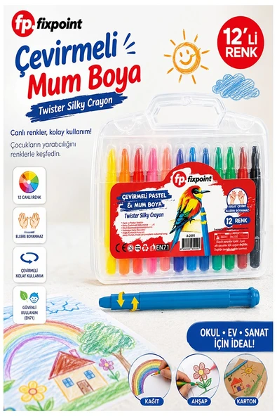 Çevirmeli Jel Mum Boya 12 Renk 1 Adet Fixpoint Plastik Çantalı 12 li Mum Boya Kalemi Silinebilir Zararsız Yıkanabilir ürün görseli 1