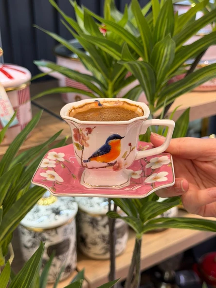 6 Kişilik Porselen Lavin Bird Pink Kahve Fincanı ürün görseli 1