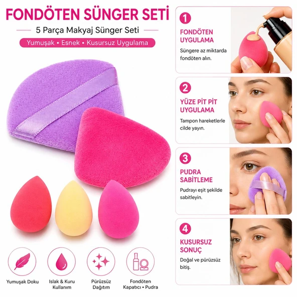 3B Trend 5 Parça Fondöten Sünger Seti Makyaj Süngeri Seti Fondöten Kapatıcı BB Krem Kozmetik Süngeri ürün görseli 1