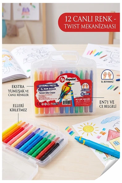 Çevirmeli Jel Mum Boya 12 Renk 1 Adet Fixpoint Plastik Çantalı 12 li Mum Boya Kalemi Silinebilir Zararsız Yıkanabilir ürün görseli 1