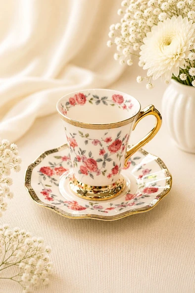 6 Kişilik Porselen Eleanor Pembe Kahve Fincanı ürün görseli 1