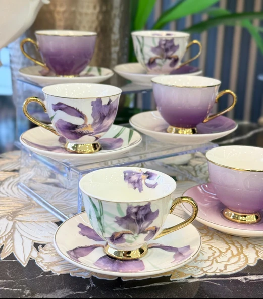 6'lı Porselen Purple Lavander Kahve Fincanı ürün görseli 1