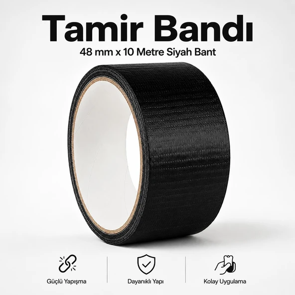 Siyah Renkli Su Geçirmez Güçlü Tamir Bandı 48 mm x 10 mt Duct Tape Çok Amaçlı Tamirat Bandı ürün görseli 1