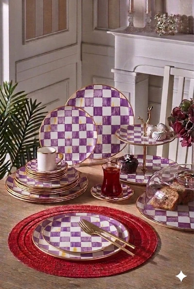 34 Parça Bella Chess Mor Yaldızlı 6 Kişilik Pasta Çay Servis İkram Takımı ürün görseli 1