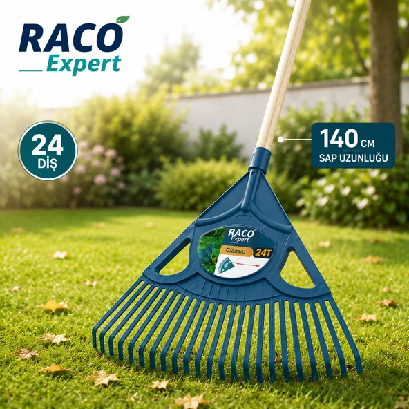 RACO Expert Classic 24 Diş Yaprak Tırmığı 140 cm Ahşap Saplı Plastik Bahçe Tırmığı ürün görseli 1