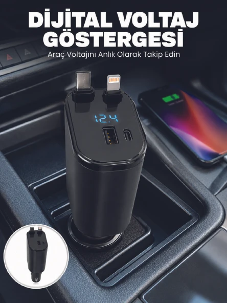 4 Cihazı Aynı Anda Şarj Eden Araç Şarj Cihazı USB-A, USB-C, Type-C ve Lightning Destekli - Lisinya ürün görseli 1