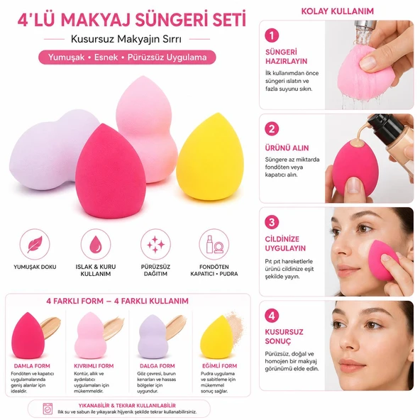 3B Trend 4'lü Makyaj Süngeri Seti Fondöten Süngeri Likit Fondöten Kapatıcı Pudra Uygulama Süngeri ürün görseli 1