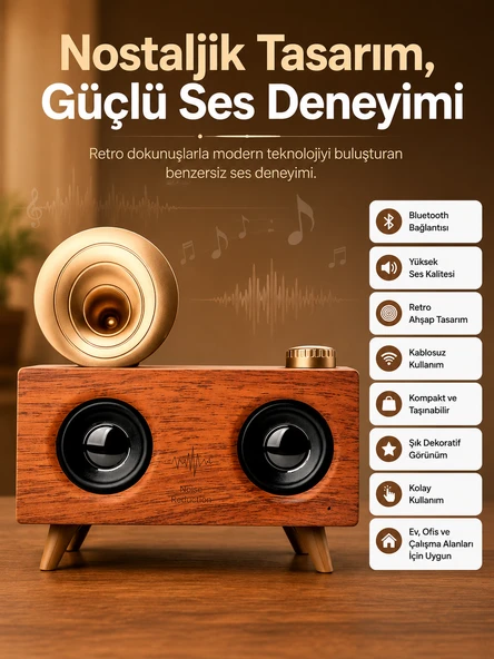 Bluetooth Nostalji Speaker Radyo Gramofon Ahşap Renk Vintage - Lisinya ürün görseli 1