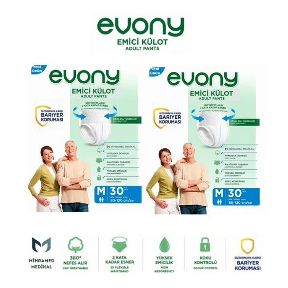EVONY Emici Külot Yetişkin Hasta Bezi M 30 Lu 2 Paket ürün görseli 1