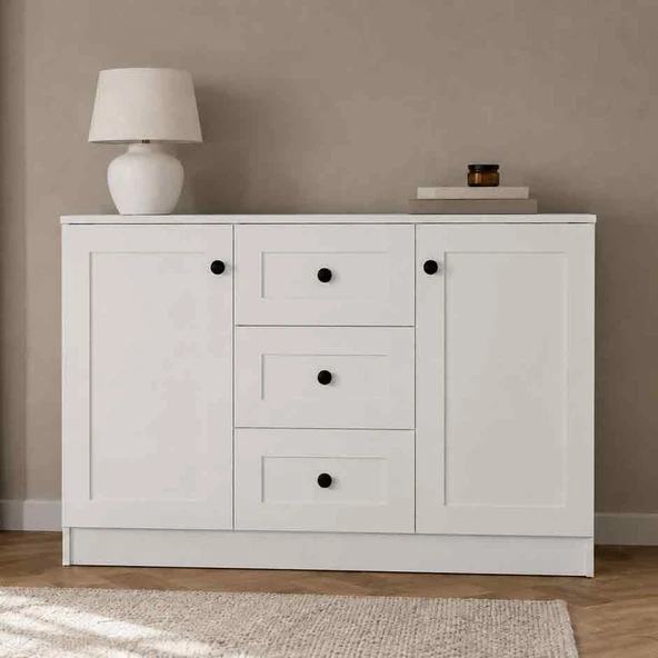 Lucas 2 Kapaklı 3 Çekmeceli Şifonyer – Modern Çok Amaçlı Depolama Dolabı Beyaz 130x43x85 cm ürün görseli 1