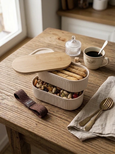 Bambu Kapaklı 2 Katlı Bölmeli Beslenme Çantası Sefer tası Saklama Kabı Seti Lastikli Lunch Box ürün görseli 1